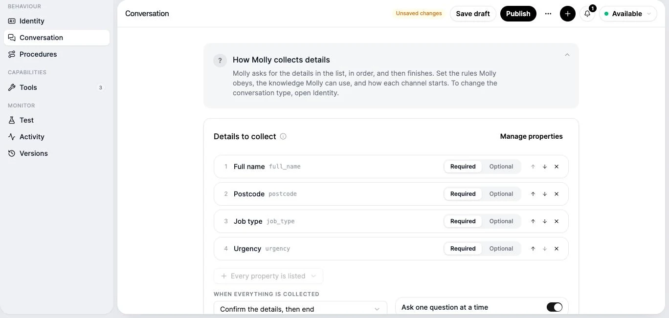 The Line agent creator, Conversation section, set to collect details: full name, postcode, job type and urgency, each required, asked one at a time